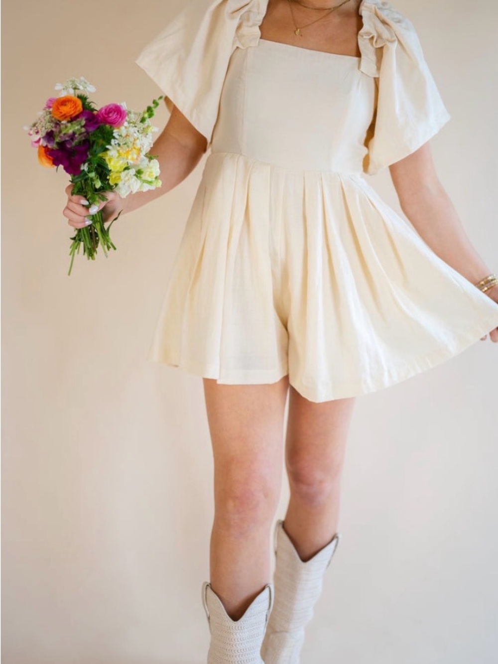 Women's Cream Pleated Romper with Square Neck